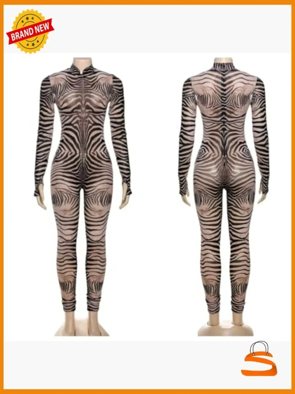 Long Sleeve Zebra Print Sheer Bodycon Jumpsuit for Women